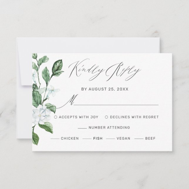 Modern Sage Greenery Wreath White Floral Wedding RSVP Card (Front)