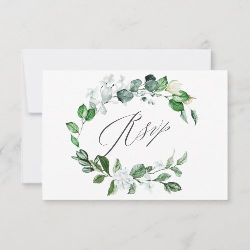 Modern Sage Greenery Wreath White Floral Wedding RSVP Card