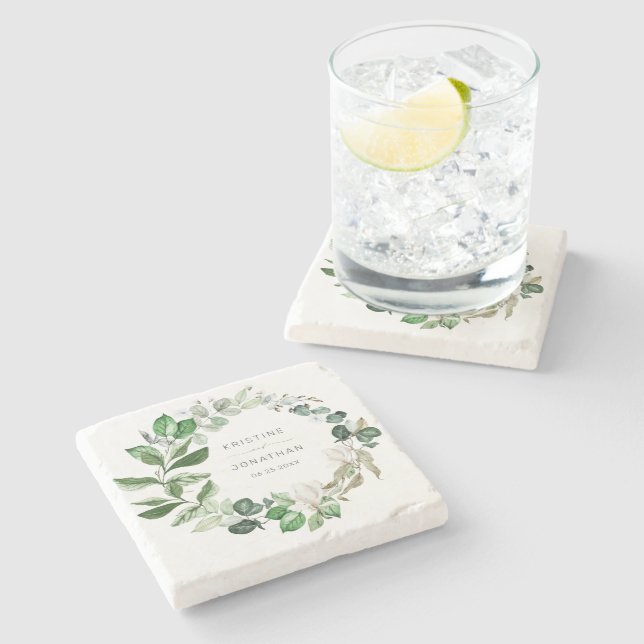 Modern Sage Greenery Wreath White Floral Wedding Stone Coaster (Side)