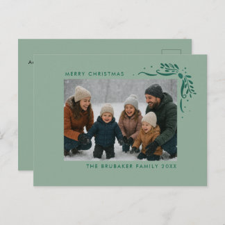 Modern Sage Hand Drawn Bows Christmas Photo Holiday Postcard