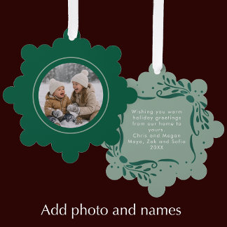 Modern Sage Hand Drawn Bows Christmas Photo Ornament Card