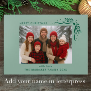 Modern Sage Hand Drawn Greenery Christmas Holiday Letterpress Photo Cards