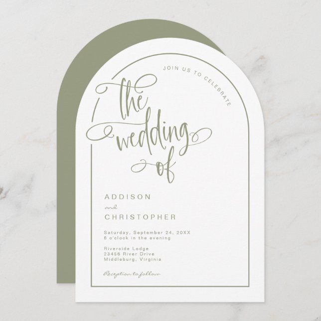 Modern Sage Handwritten Calligraphy Script Wedding Invitation (Front/Back)
