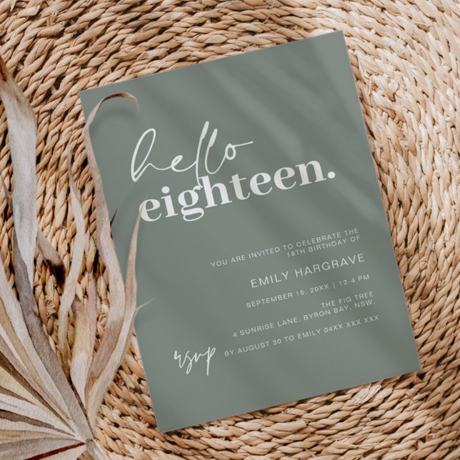Modern Sage Hello Eighteen Birthday Party Invitation (Creator Uploaded)