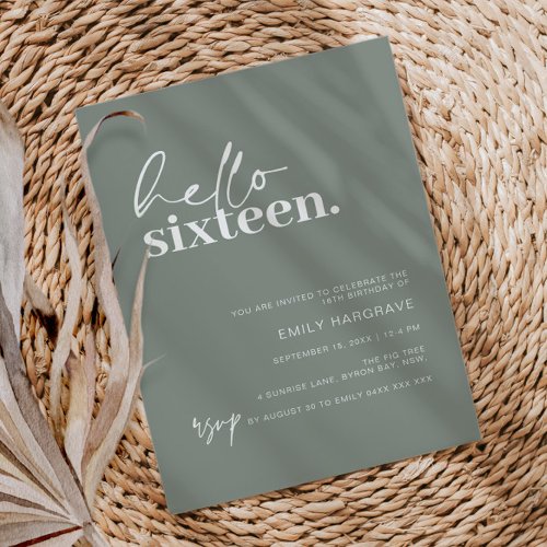 Modern Sage Hello Sixteen Birthday Party Invitation