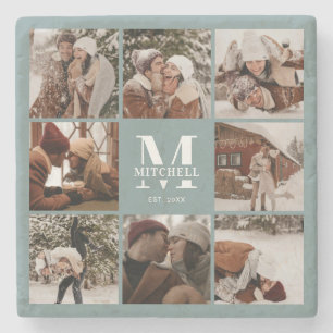 Modern Sage Monogram Initial Family Name &  Photo Stone Coaster