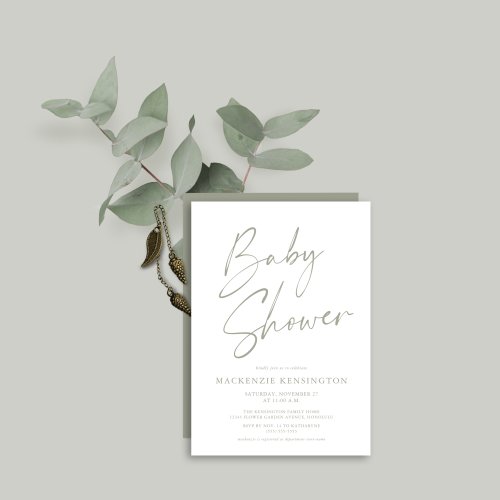Modern Sage Olive Green Script Baby Shower Invitation