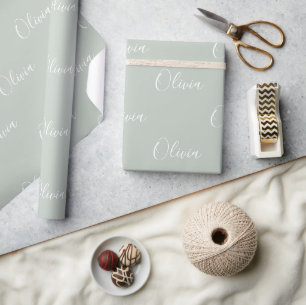 Modern Sage Personalized Pastel Script Name Wrapping Paper