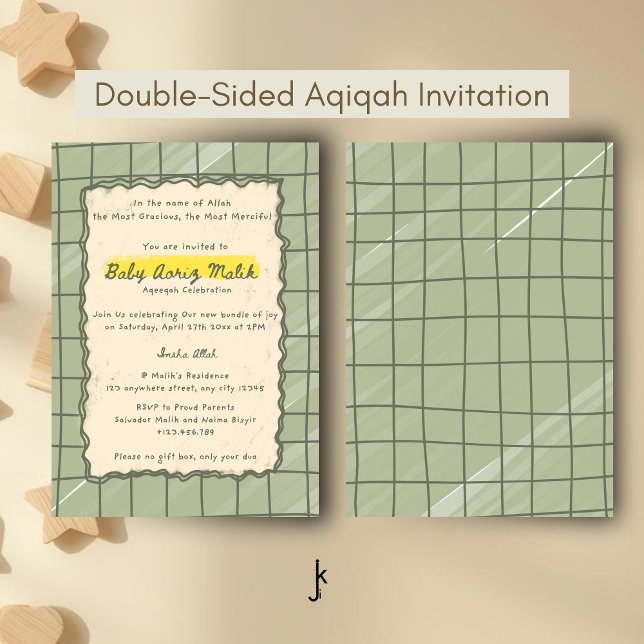 Modern Sage Plaid Aqiqah New Born Baby Celebration Invitation (Creator Uploaded)