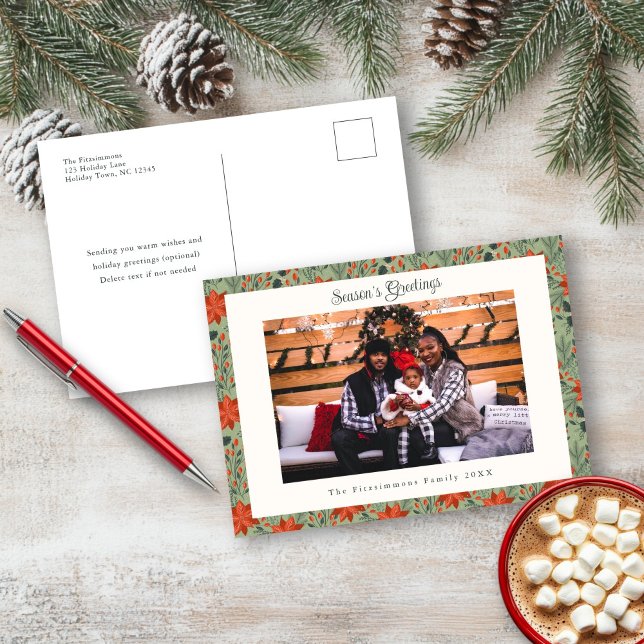 Modern Sage Poinsettia Holiday Photo Postcard (Poinsettia Season Photo Christmas Postcard sage green)