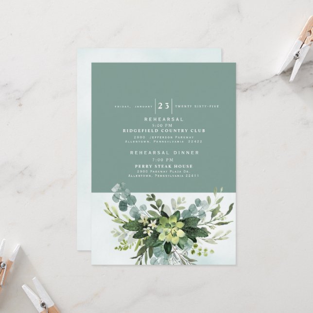 Modern Sage Rehearsal & Dinner Invitation (Front/Back In Situ)