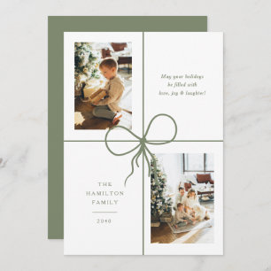 Modern Sage Ribbon Bow Wrap 2 Photo Christmas Holiday Card