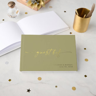 Modern Sage Wedding Photo Calligraphy Script Foil Guest Book