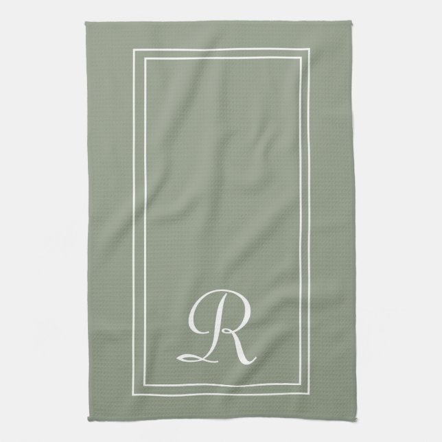 Modern Sage & White Stripe Monogram Personalised  Kitchen Towel (Vertical)