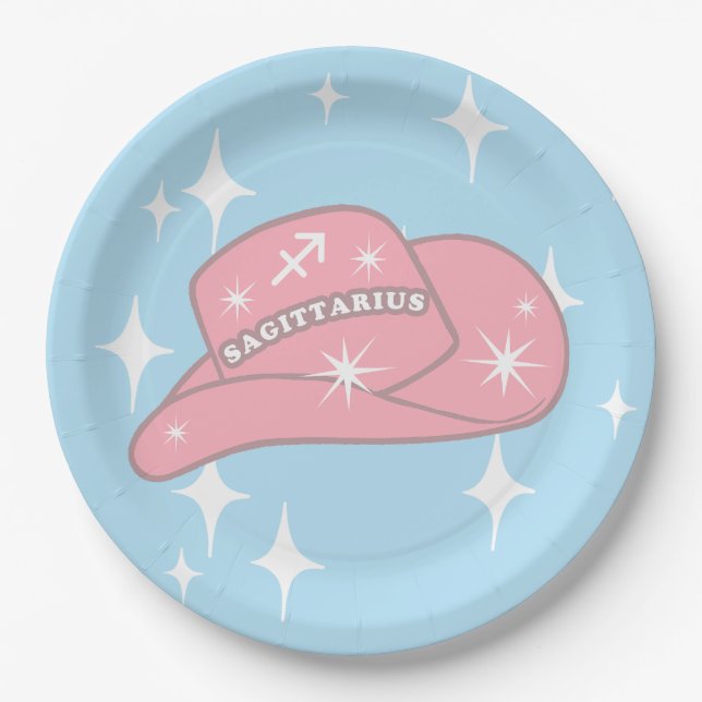 Modern Sagittarius Zodiac Cowgirl Hat Blue Paper Plates (Front)