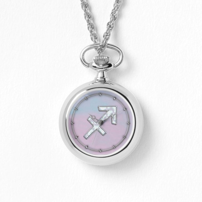 Modern Sagittarius Zodiac on Mother of Pearl Style Watch (Front)