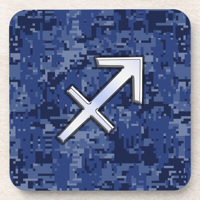 Modern Sagittarius Zodiac Sign Navy Digital Camo Drink Coaster (Front)