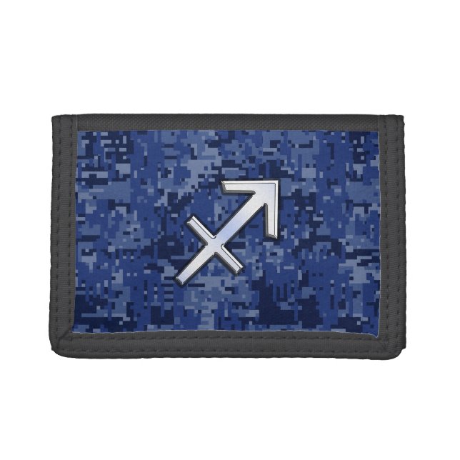 Modern Sagittarius Zodiac Sign Navy Digital Camo Trifold Wallet (Front)