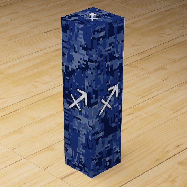 Modern Sagittarius Zodiac Sign Navy Digital Camo Wine Gift Box (Front)