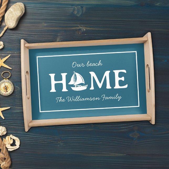 Modern Sail Boat Home Family Name Beach Lake Teal Serving Tray (Creator Uploaded)