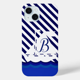 Modern Sailboat Monogram Custom iPhone 15 Case