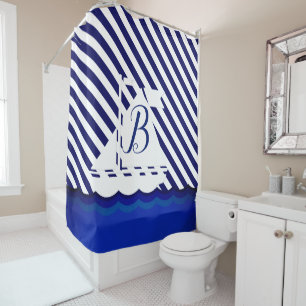 Modern Sailboat Monogram Custom Shower Curtain