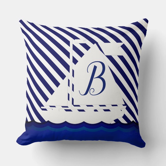 Modern Sailboat Monogram Custom Throw Pillow (Front)