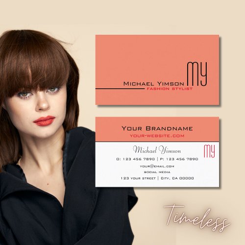 Modern Salmon and White with Monogram Professional Business Card
