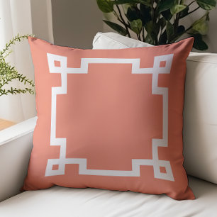 Modern Salmon Pink White Greek Key Border Throw Pillow