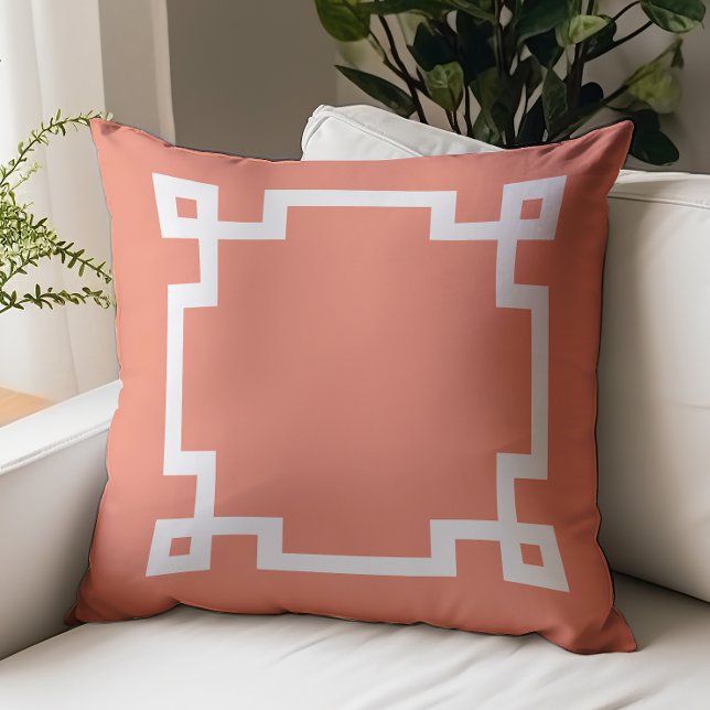 Modern Salmon Pink White Greek Key Border Throw Pillow (Creator Uploaded)