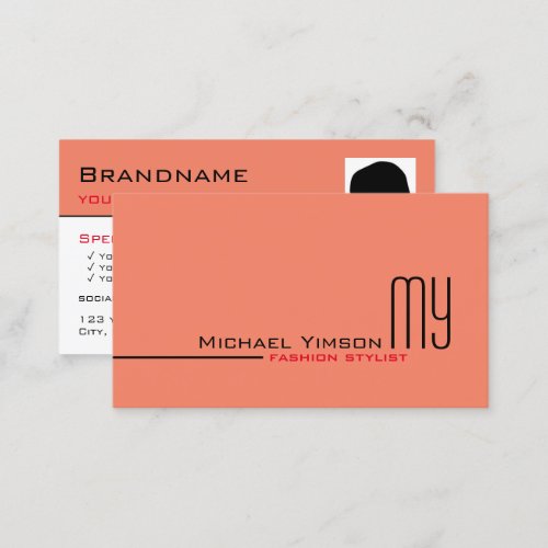 Modern Salmon White Simple with Monogram and Photo Business Card