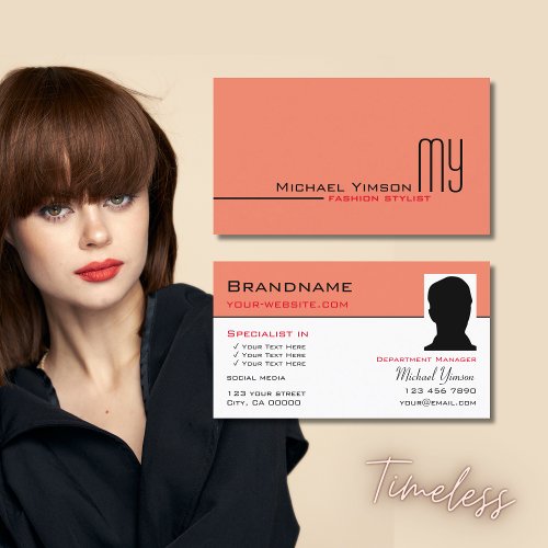 Modern Salmon White Simple with Monogram and Photo Business Card