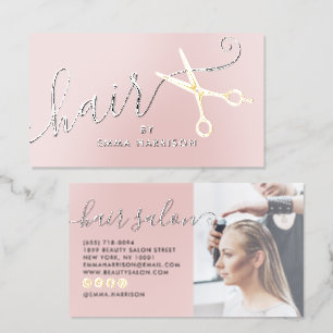 Modern Salon Brand Pink Hair Stylist Gold Scissors Foil Spot Gloss Business Cards