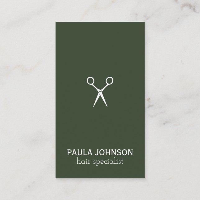 Modern Salon Shears Hair Specialist (dark green) Business Card (Front)