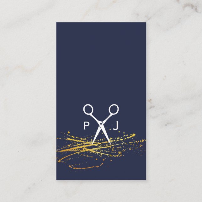 Modern Salon Shears Monogram / Gold Spatter Business Card (Front)