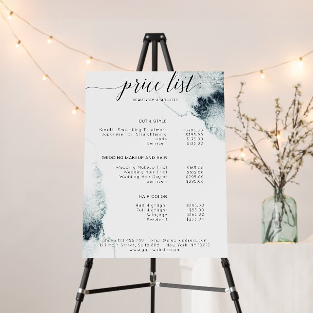Modern, salon, watercolor price list foam board (In Situ (Stand))