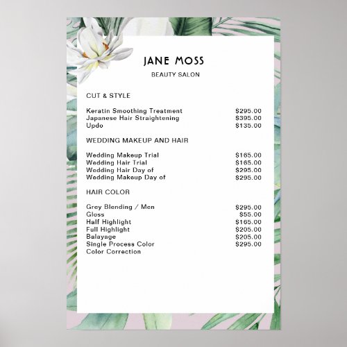 Modern salon watercolor tropical Price List    Poster