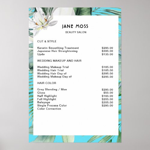 Modern salon watercolor tropical Price List  Poster