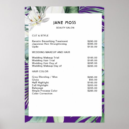 Modern salon watercolor tropical Price List    Poster