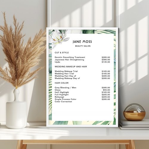 Modern salon watercolor tropical Price List Poster