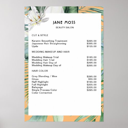 Modern salon watercolor tropical Price List   Poster