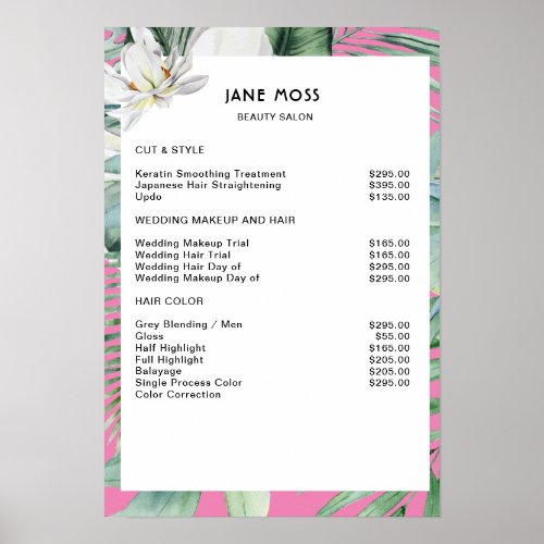 Modern salon watercolor tropical Price List   Poster