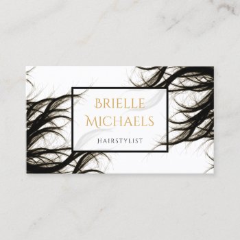 Modern Salon Wavy Hair Black And Gold Hairstylist Business Card by GirlyBusinessCards at Zazzle