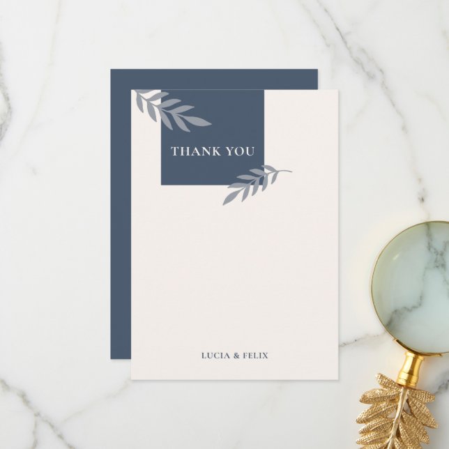 Modern Sample Blue Leaves Blank Wedding  Thank You Card (Front/Back In Situ)