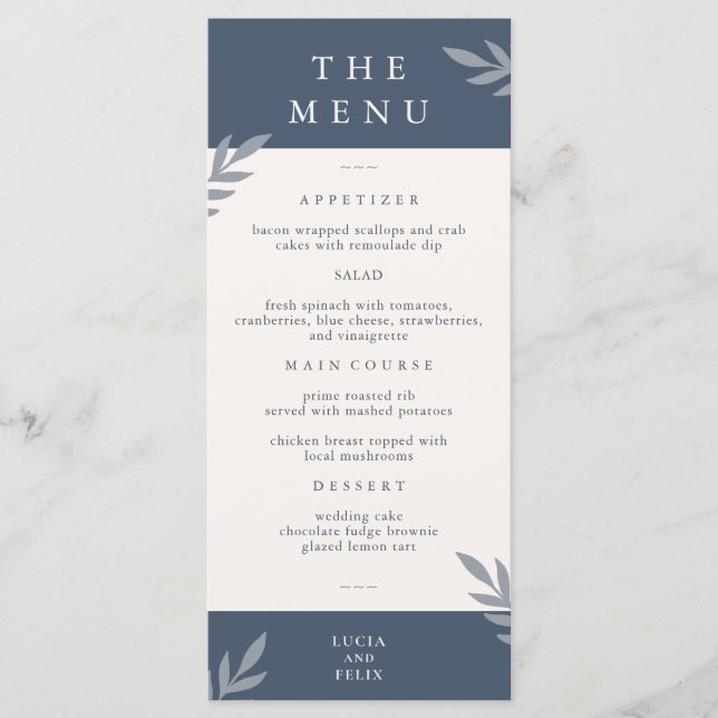 Modern Sample Leaves Distressed Wedding Dinner Menu (Front)