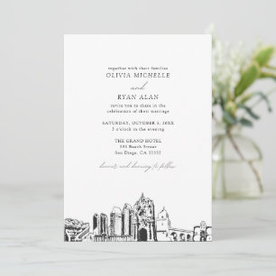 Modern San Diego Landmarks Black & White Wedding Invitation