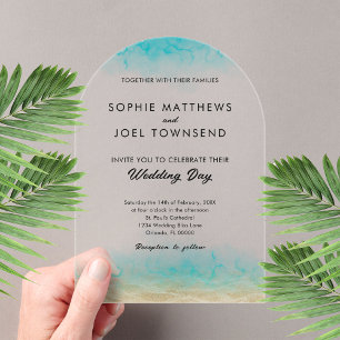 Modern Sand and Sea Teal Beach Themed Wedding Acrylic Invitations