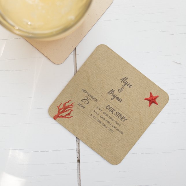 Modern Sand & Coral Personalized Wedding Square Paper Coaster (Creator Uploaded)