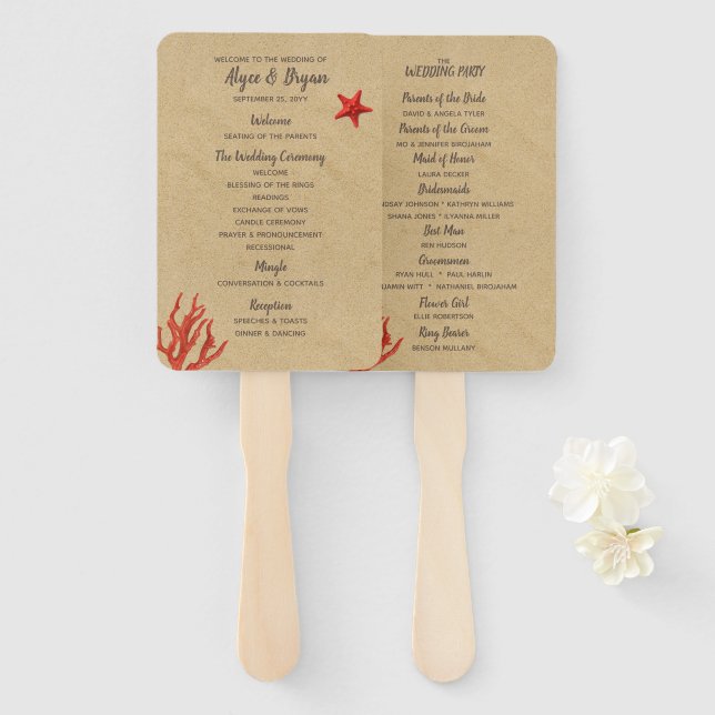 Modern Sand & Coral Wedding Program Hand Fans (Front and Back)