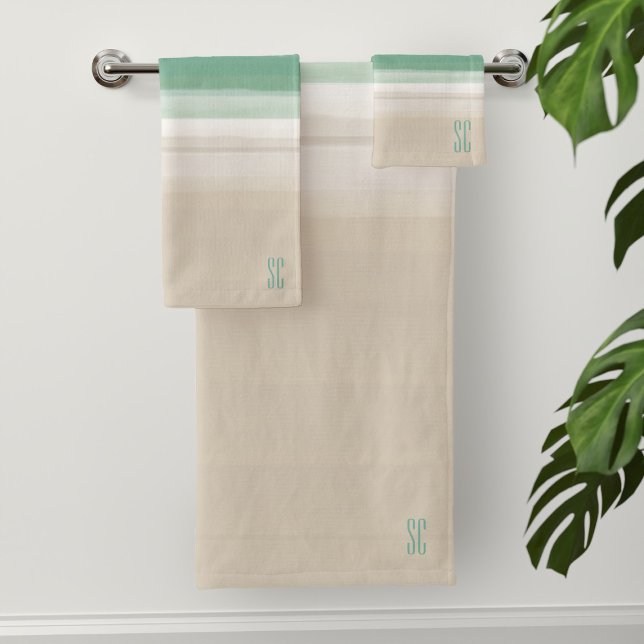 Modern Sand Stripe Bath Towel Set (A serene ocean beach scene bath towel set with your initials)